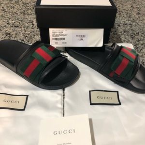 Authentic Gucci Satin Slides with Web Bow.